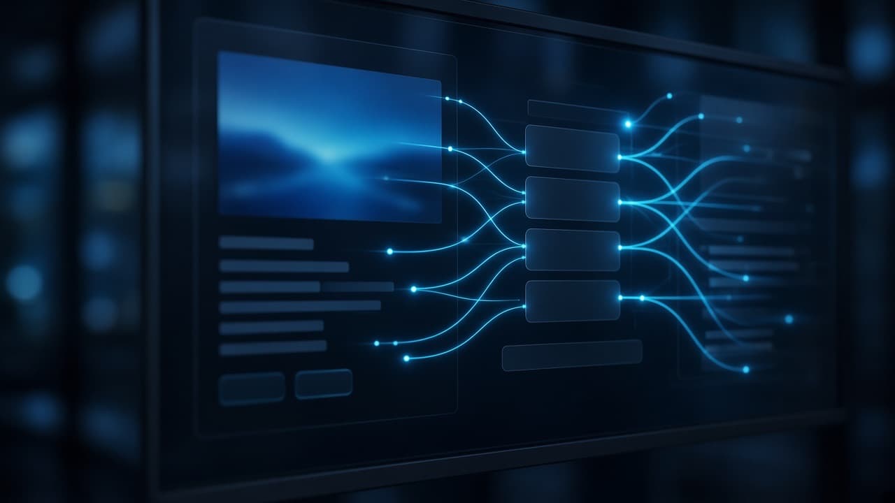 Website layout on a glowing screen with light paths connecting its buttons and form fields, like an AI agent navigating the page