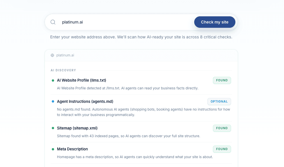 Screenshot of the Platinum AI Readiness Scanner showing a site audit score and breakdown