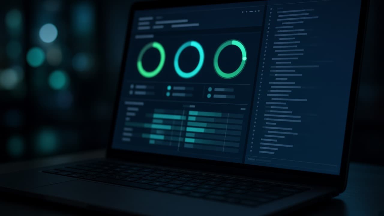 Laptop in a dark room showing an audit dashboard with score gauges beside a plain text file