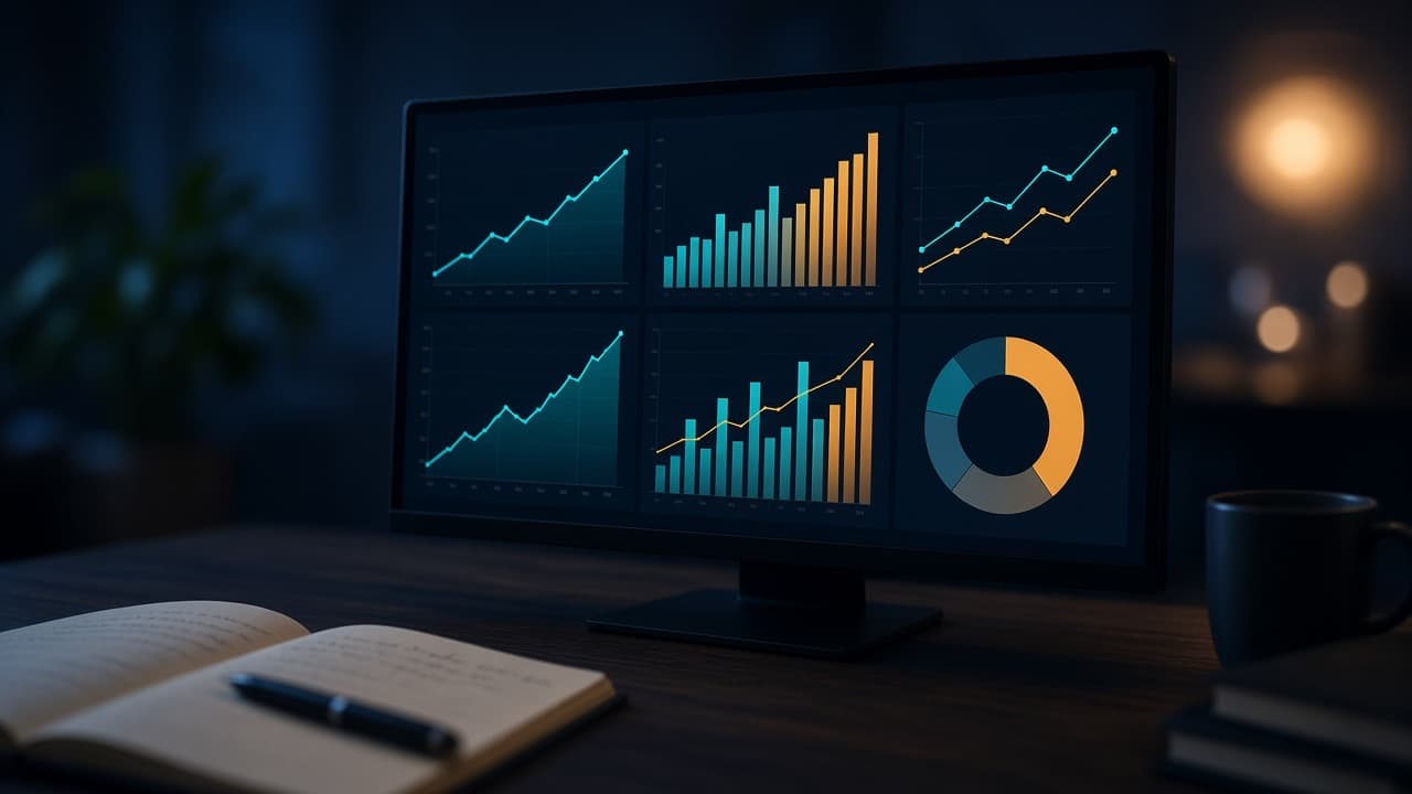 Analytics dashboard with rising traffic and revenue charts on a monitor beside an open notebook
