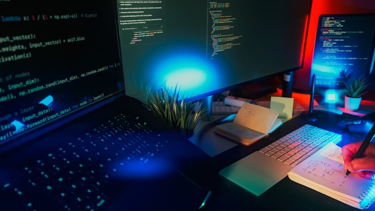 Developer workspace with code on screens in neon lighting — AI search optimization 2026
