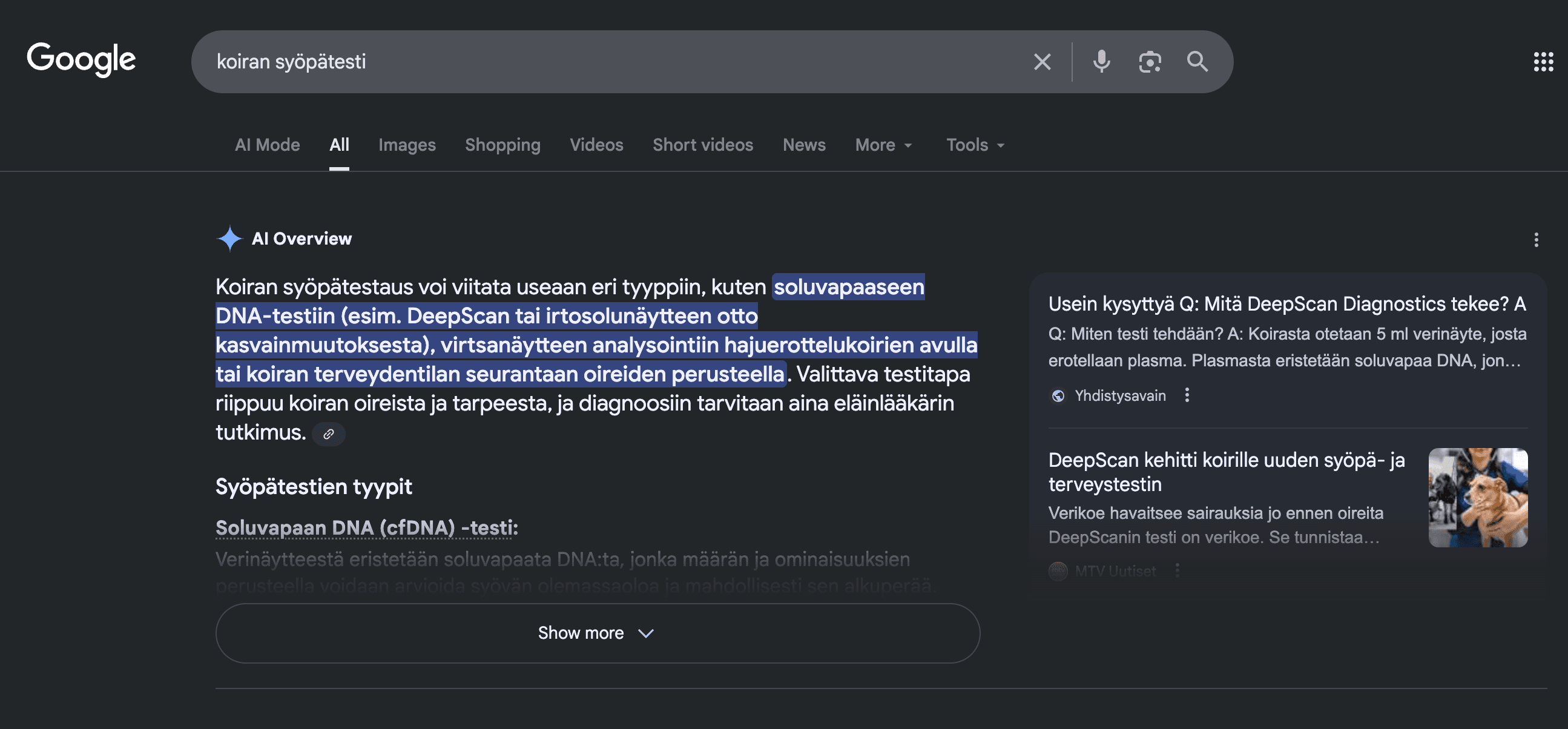Google AI Overview in Finnish citing DeepScan Diagnostics for the search “koiran syöpätesti” (dog cancer test).